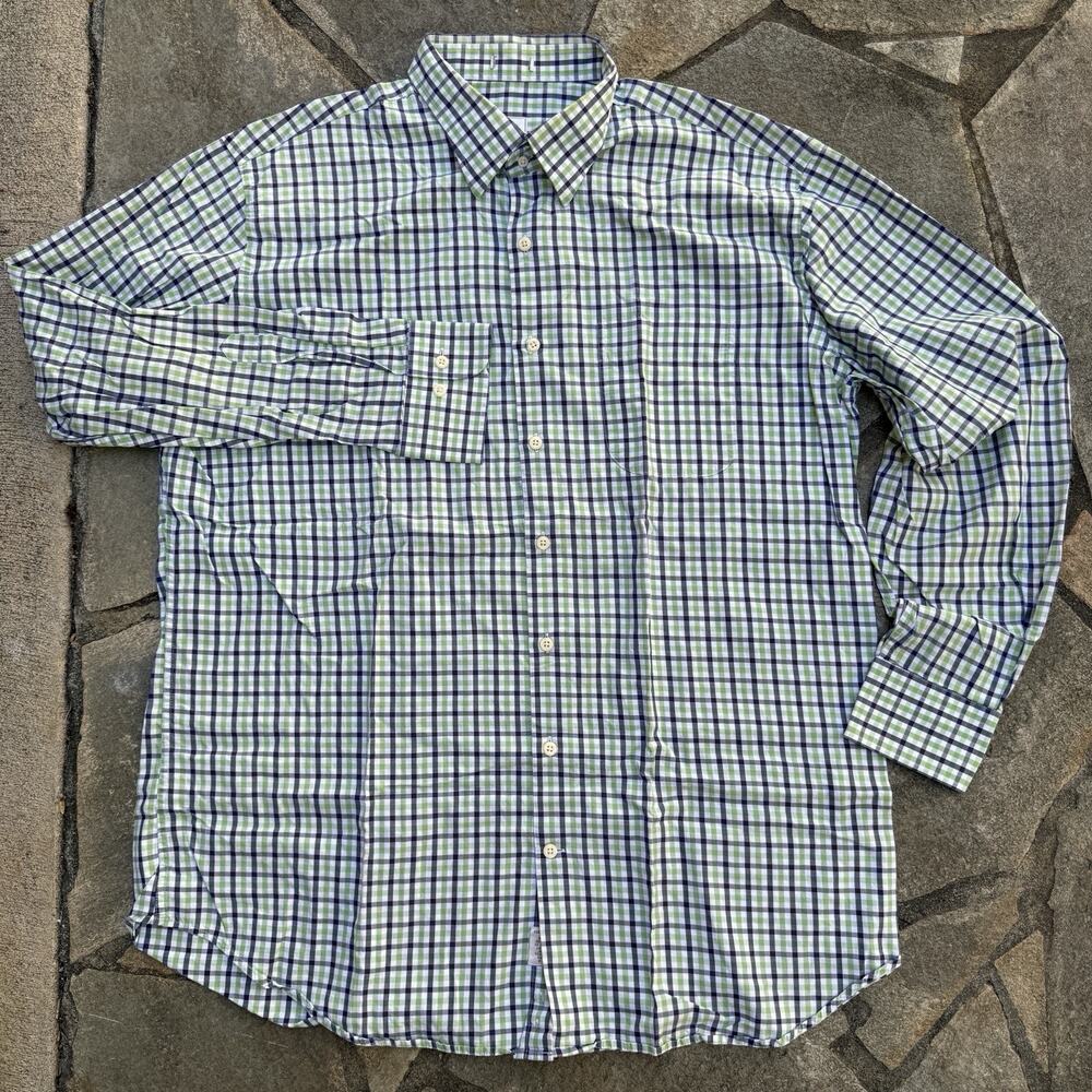 Peter Millar Button Up Mens 2XL Green Blue Plaid Check Long Sleeve Golf Travel